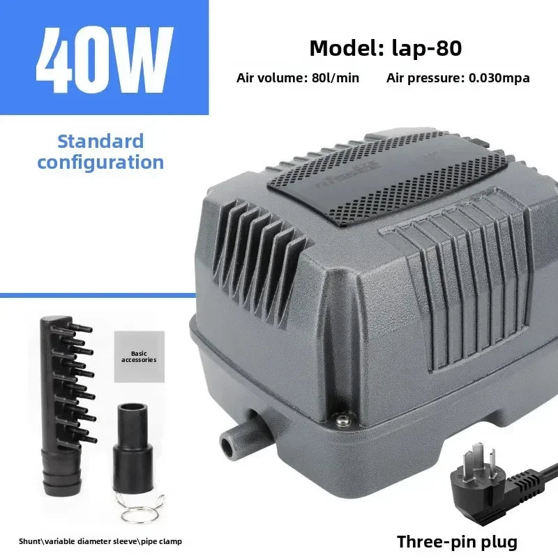 Gray air pump model lap-80 with accessories and a three-pin plug