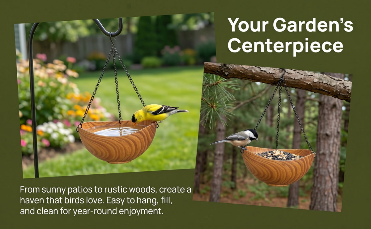 A wooden bird feeder with a bowl is hanging from an iron chain in a garden setting.