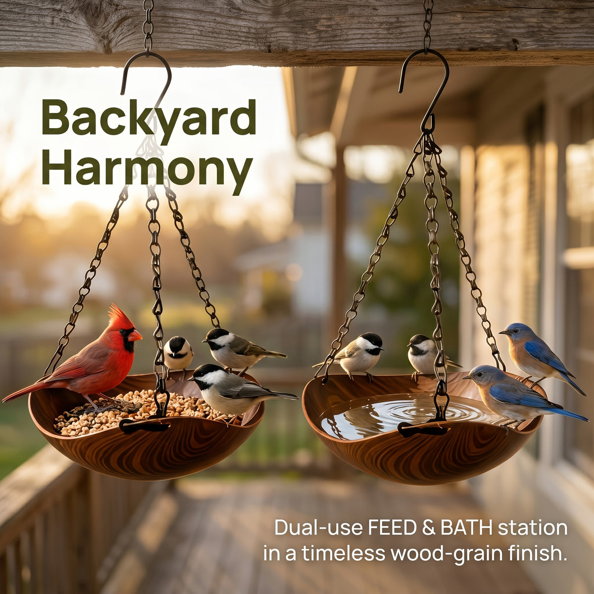 Dual-use feed and bath station in a timeless wood-grain finish, hanging from iron chains.
