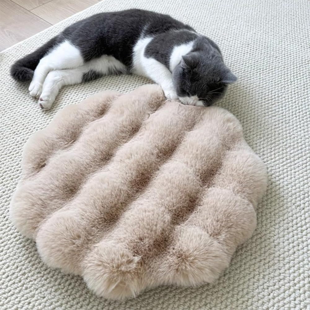 A black and white cat is lying on a light green mat next to a fluffy beige pet seat protector.