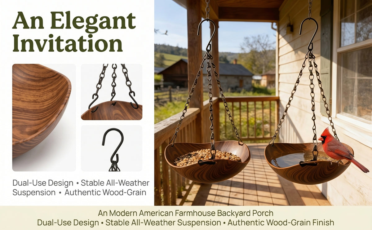 A wooden bird feeder with a bowl suspended by an iron chain, shown in a backyard porch setting.