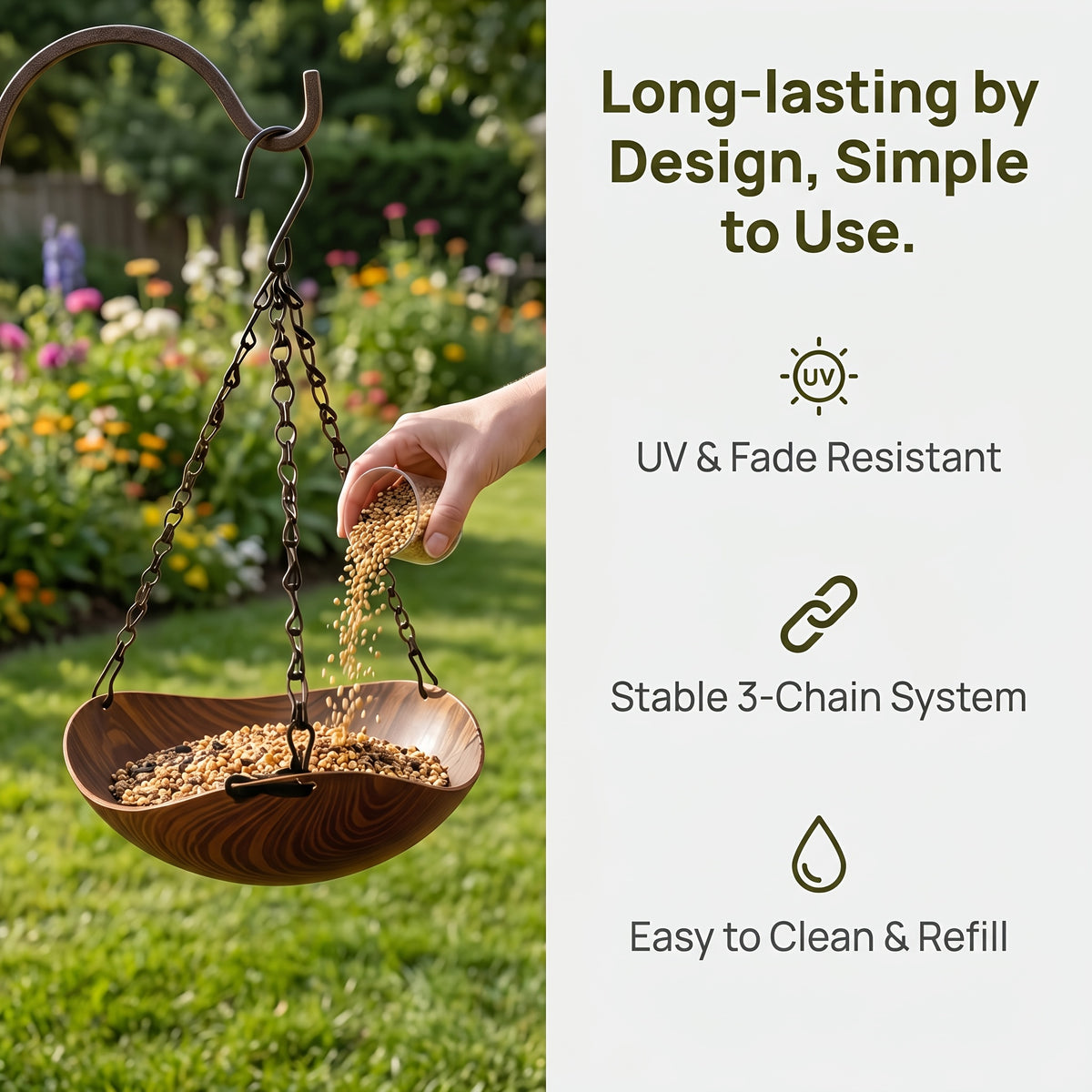A wooden bird feeder with a hanging iron chain is shown against a green lawn.