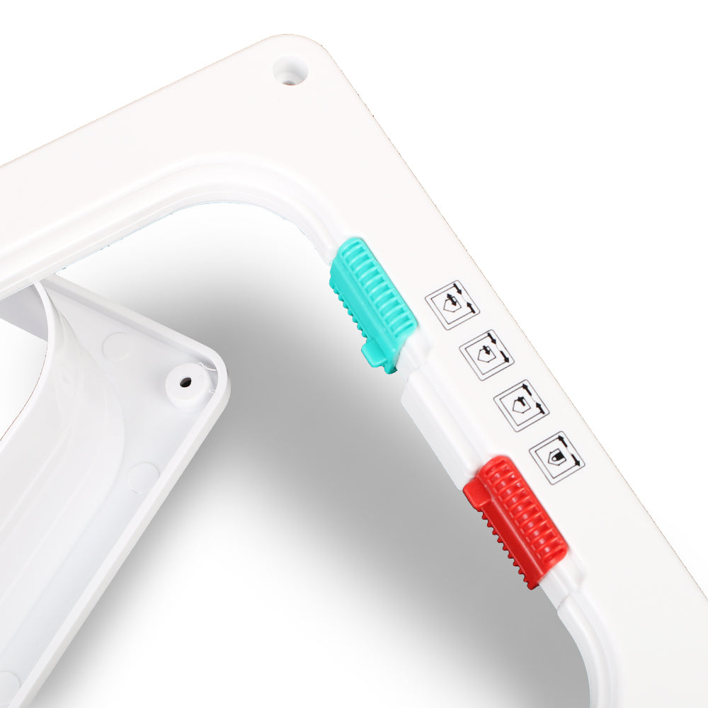 A white 4-way locking pet door for dogs and cats showing various locking mechanisms.