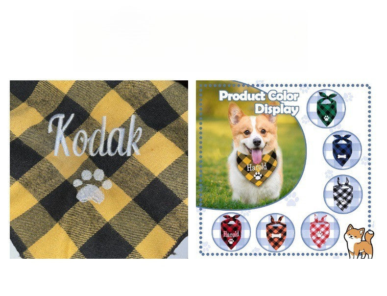 Pañuelo a cuadros amarillo y negro con el nombre Kodak bordado, rodeado de otras opciones de nombres para perros.